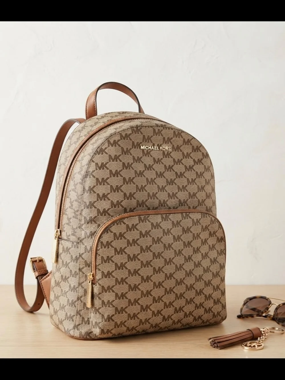 Michael Kors Brown MK Monogram Canvas Backpack with Gold Hardware